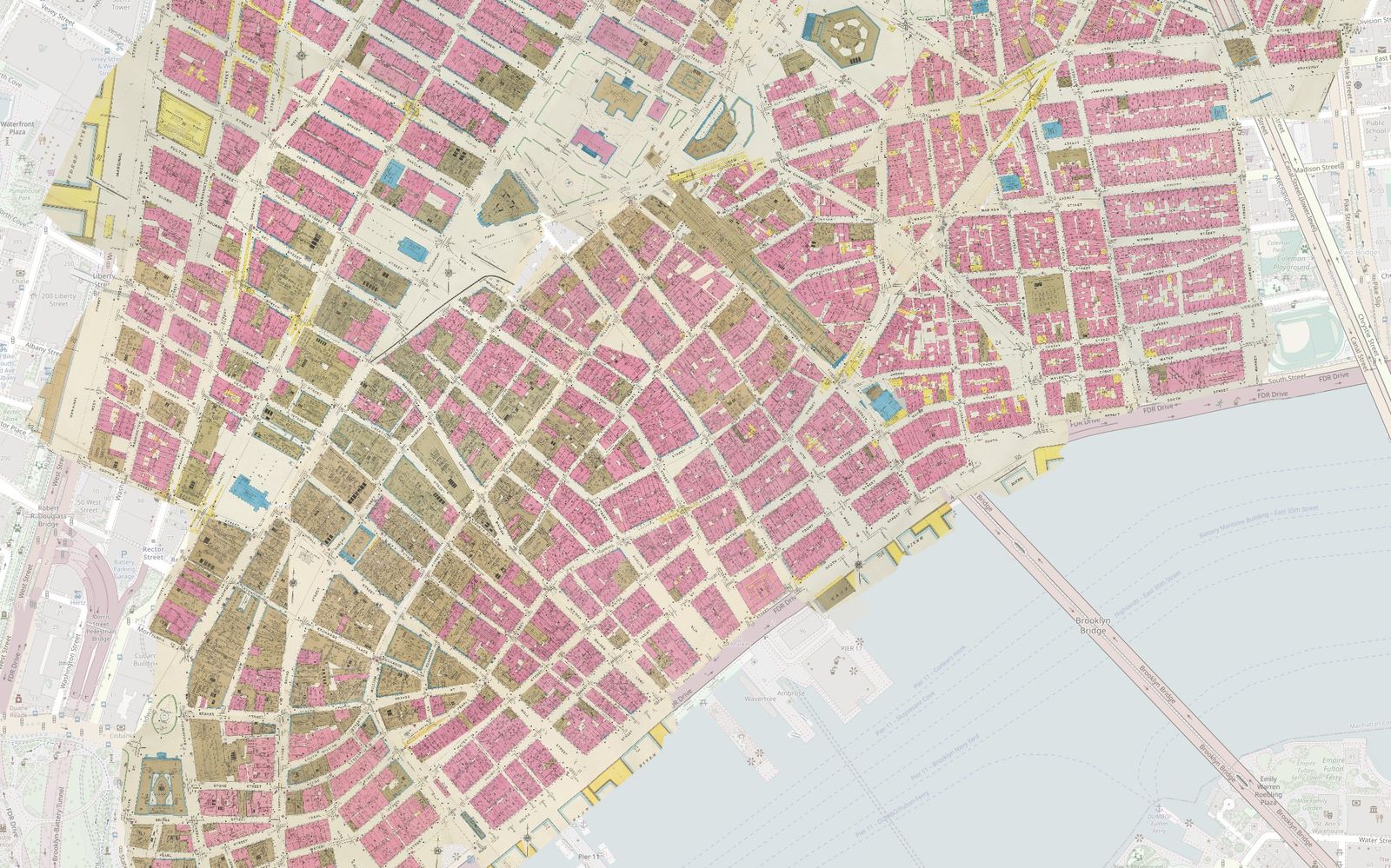 Sanborn map sheets of lower Manhattan from 1923, placed over today's streets: pink brick and brown frame buildings block by block from City Hall Park to the Financial District, with the Brooklyn Bridge crossing the East River.